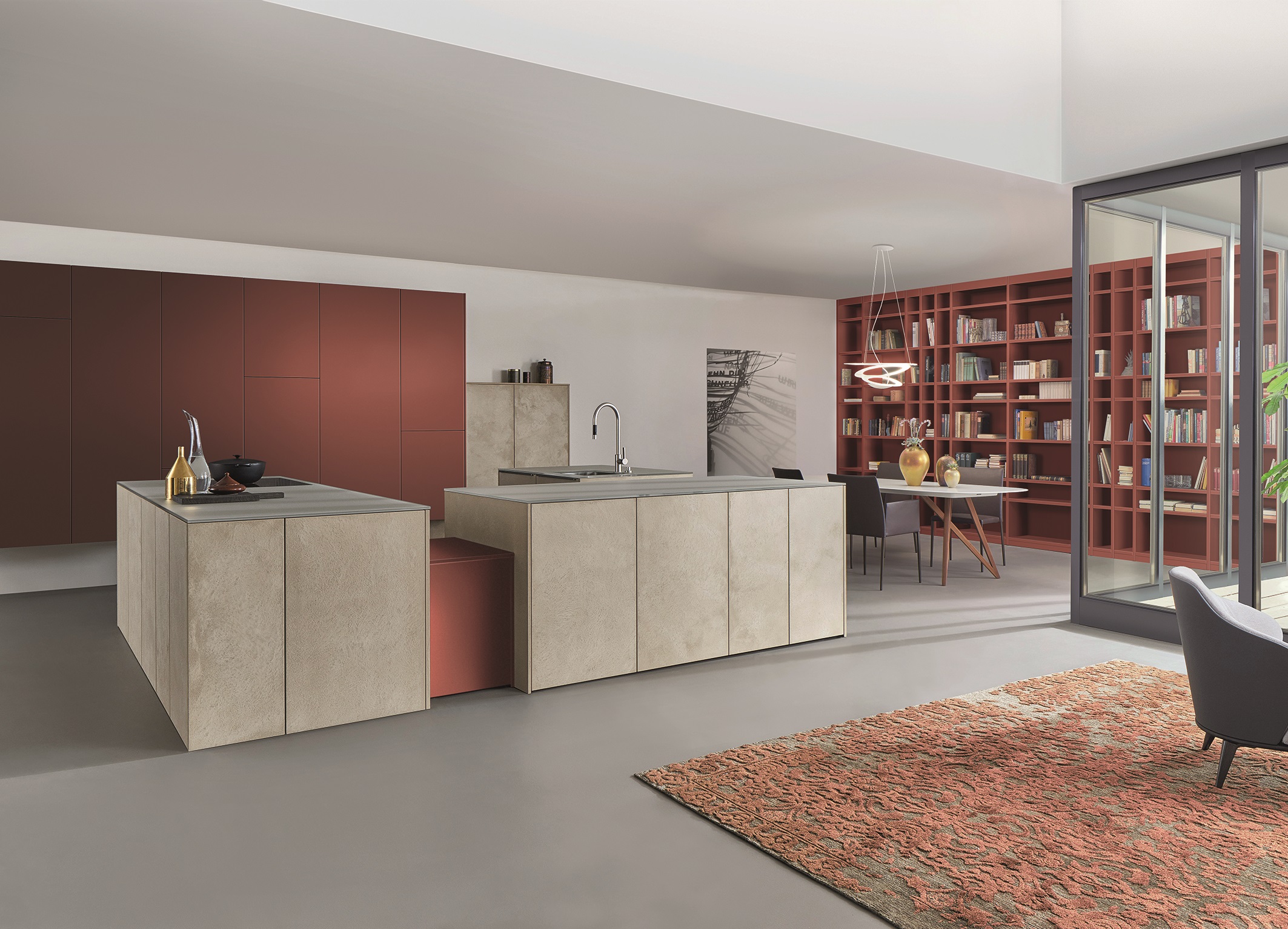The room as a whole, kitchen and living area are one: this philosophy finds expression in the planning approach. The kitchen planning comprises the top-quality interior design through to the tailor-made shelving system.